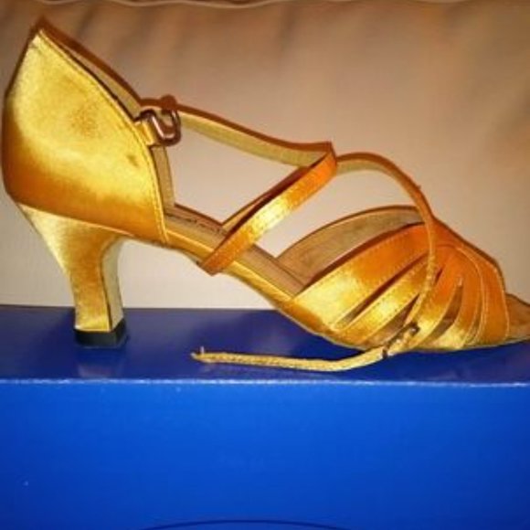 Gold and Tan Dance Heels with Strap and Pointed Toe - Picture 9 of 11